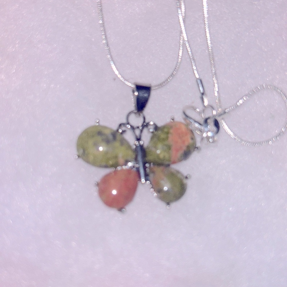 Boho hippie Unakite Butterfly Sterling Silver 16” Necklace - Picture 3 of 6